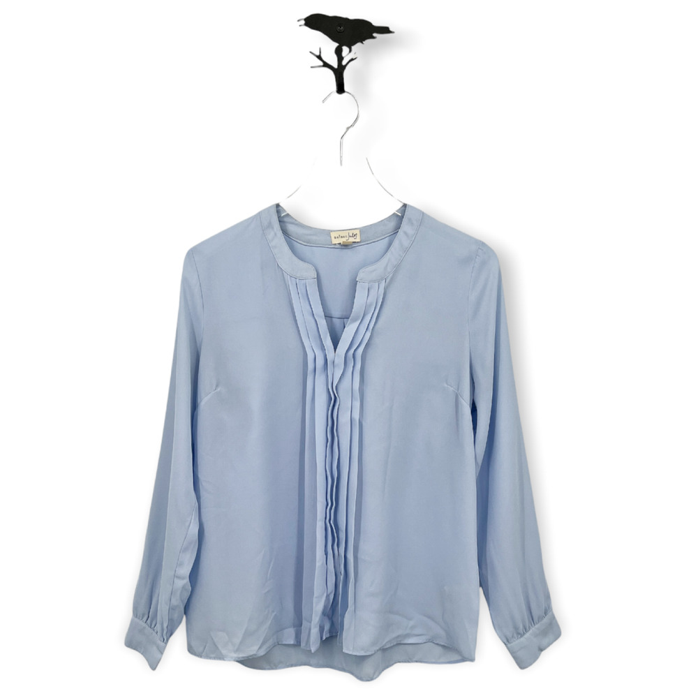 Maison Jules Blue V Neck Pleated Long Sleeve Pullover Blouse Size Medium